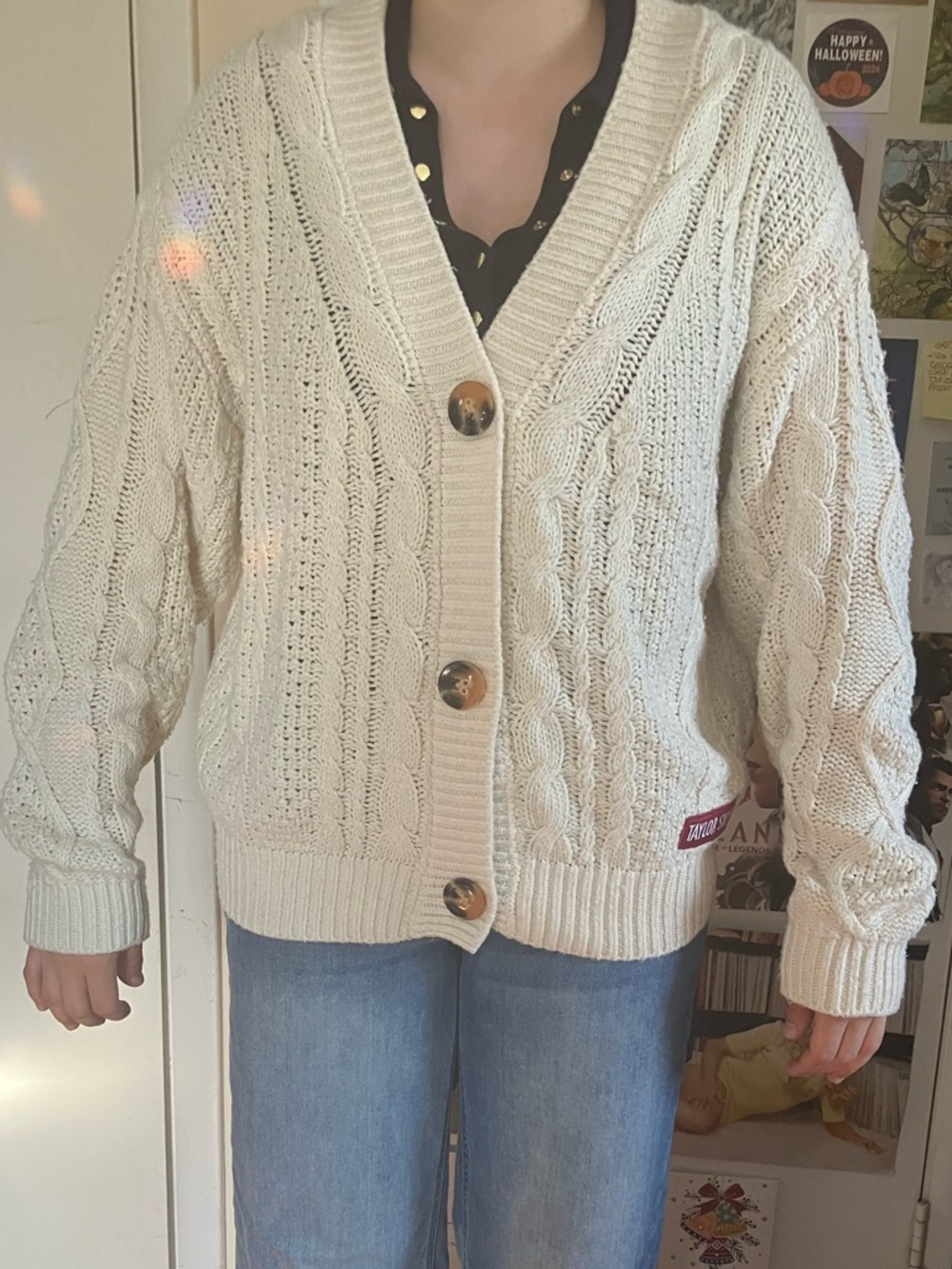 Taylor Swift Red Cream Cable-Knit Button Cardigan